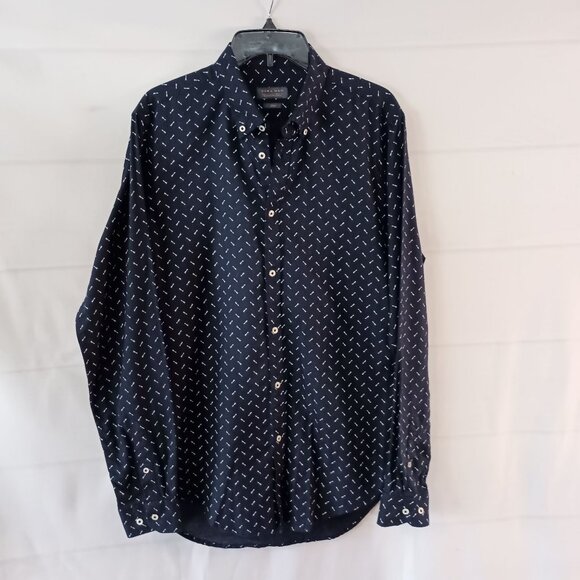 Zara Man Navy Arrow Print Shirt Long Sleeve Button Down Size L Excellent - Picture 1 of 5